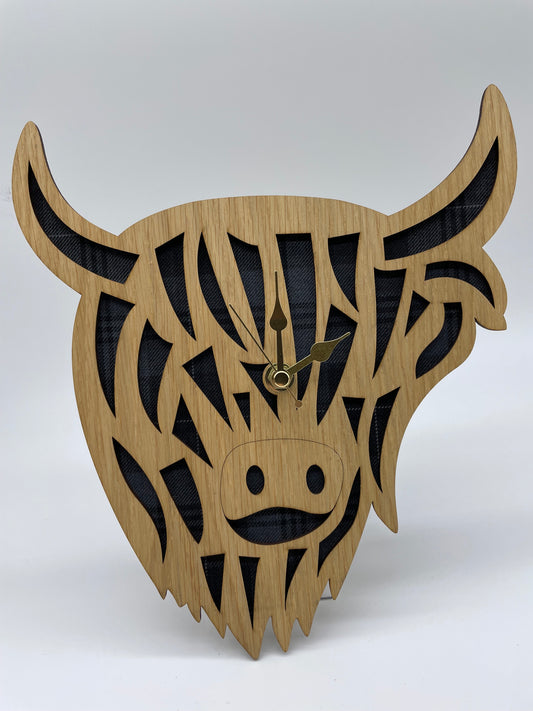 Highland Coo Wall Clock Made From Oak Veneered Wood With Granite Tartan Background