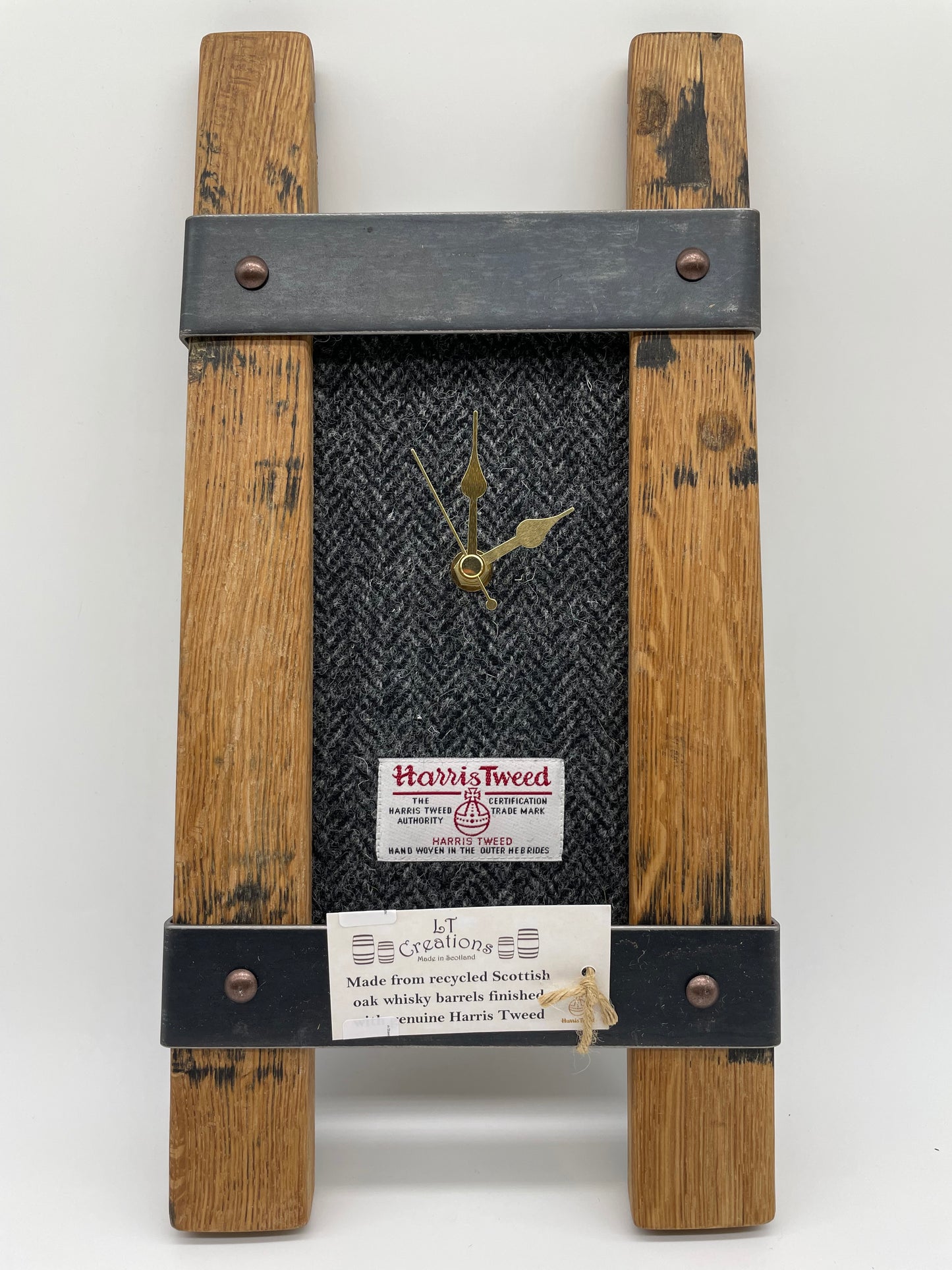 Twin Stave Hanging Wall Clock Made From Reclaimed Oak Whisky Barrels With Grey/Black Herringbone Harris Tweed