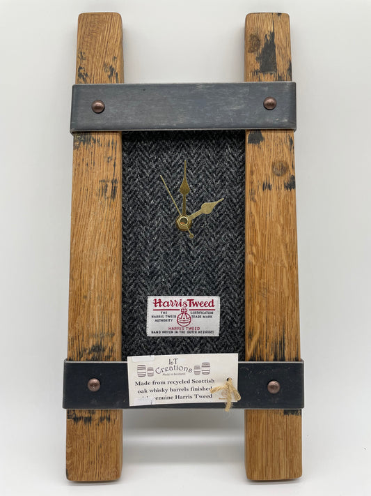 Twin Stave Hanging Wall Clock Made From Reclaimed Oak Whisky Barrels With Grey/Black Herringbone Harris Tweed