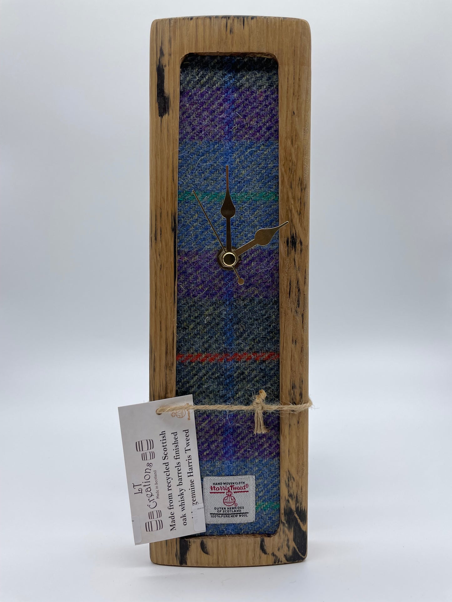 Medium Hanging Wall Clock Made From Reclaimed Oak Whisky Barrels With Purple/Green Check Harris Tweed