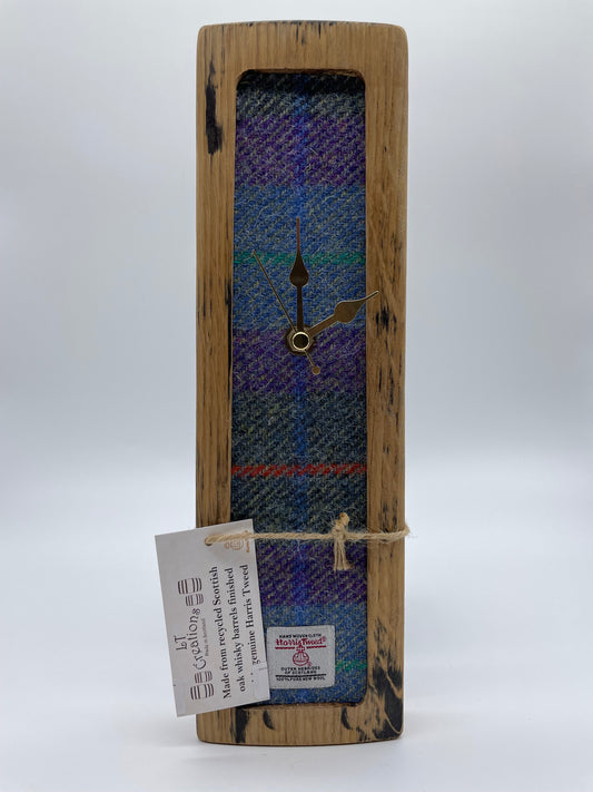 Medium Hanging Wall Clock Made From Reclaimed Oak Whisky Barrels With Purple/Green Check Harris Tweed