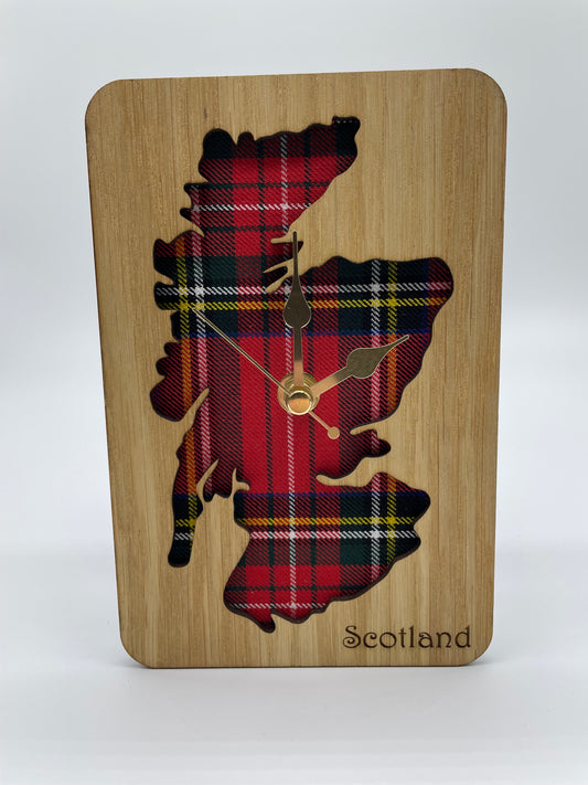 Small Inset Scotland Map Clock Made From Oak Veneered Wood With Royal Stewart Tartan Background