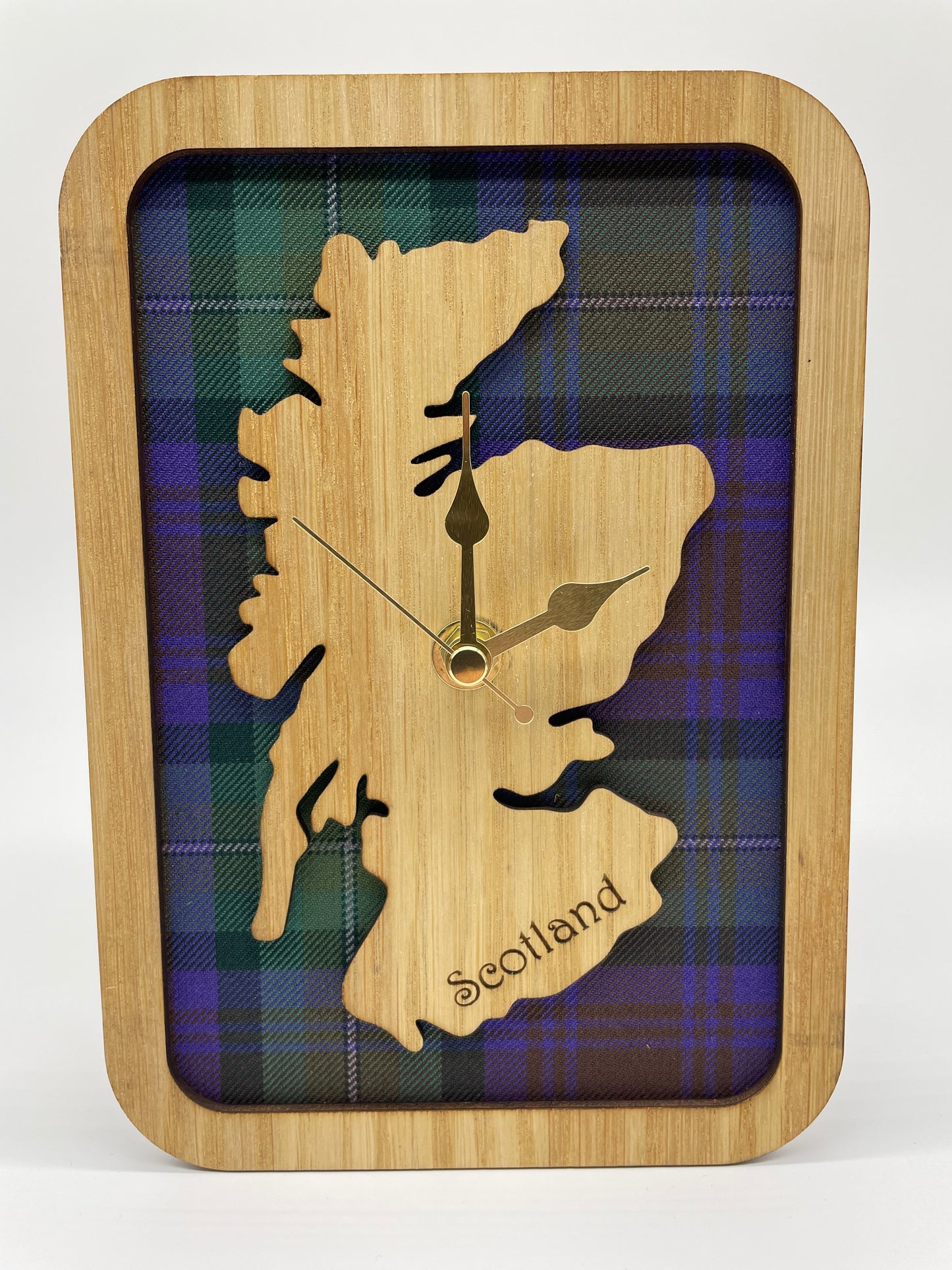Small Inset Scotland Map Clock Made From Oak Veneered Wood With Isle of Skye Tartan Background