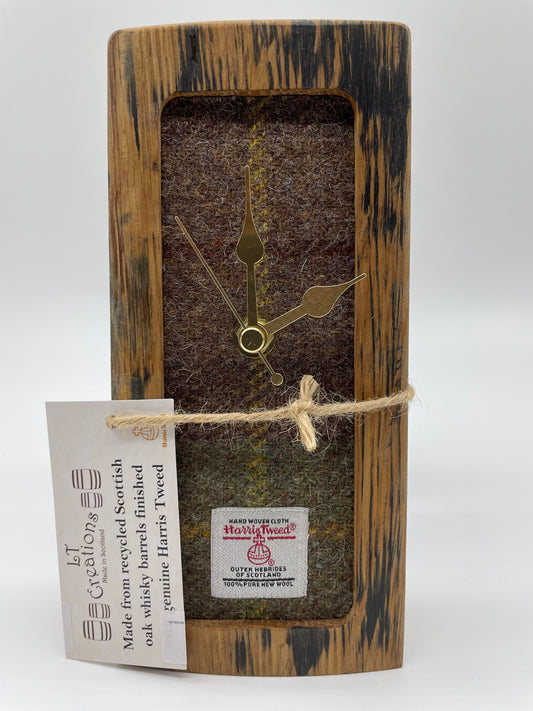 Small Mantle Clock Made From Reclaimed Oak Whisky Barrels With Heather/Grey Check Harris Tweed