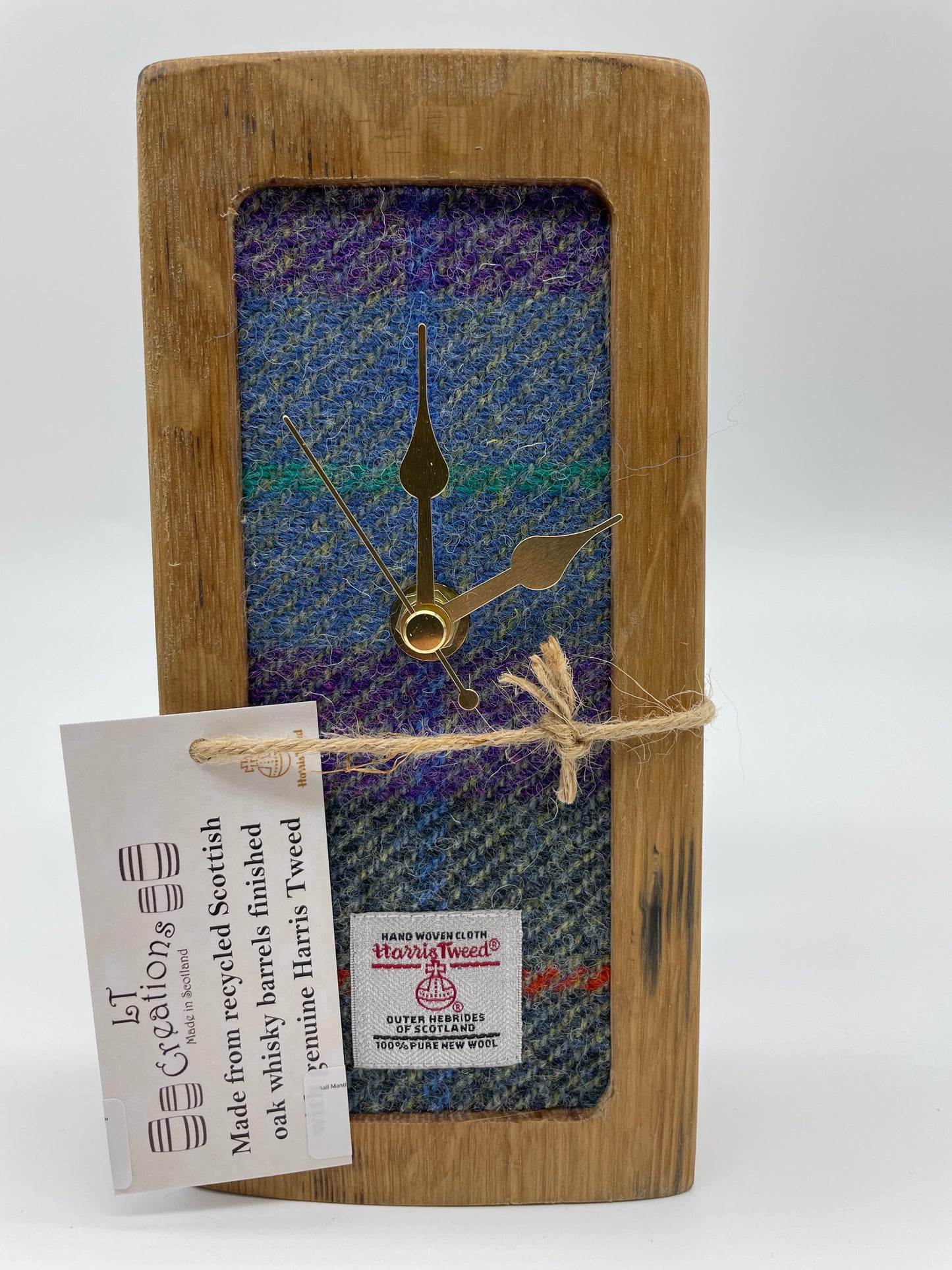 Small Mantle Clock Made From Reclaimed Oak Whisky Barrels With Purple/Green Check Harris Tweed