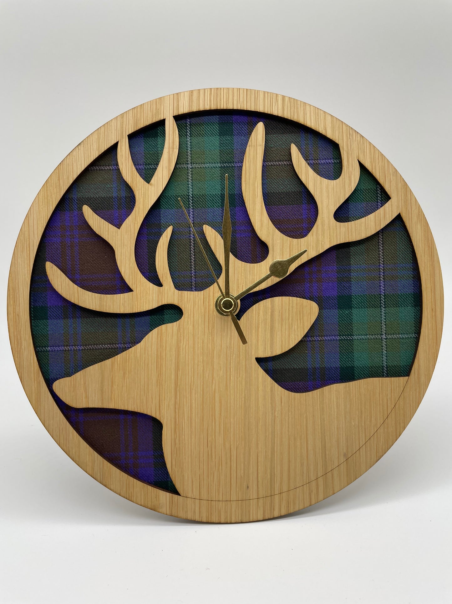 Stag Wall Clock Made From Oak Veneered Wood With Isle of Skye Tartan Background