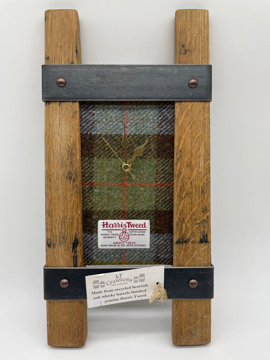 Twin Stave Hanging Wall Clock Made From Reclaimed Oak Whisky Barrels With Green/Brown Harris Tweed